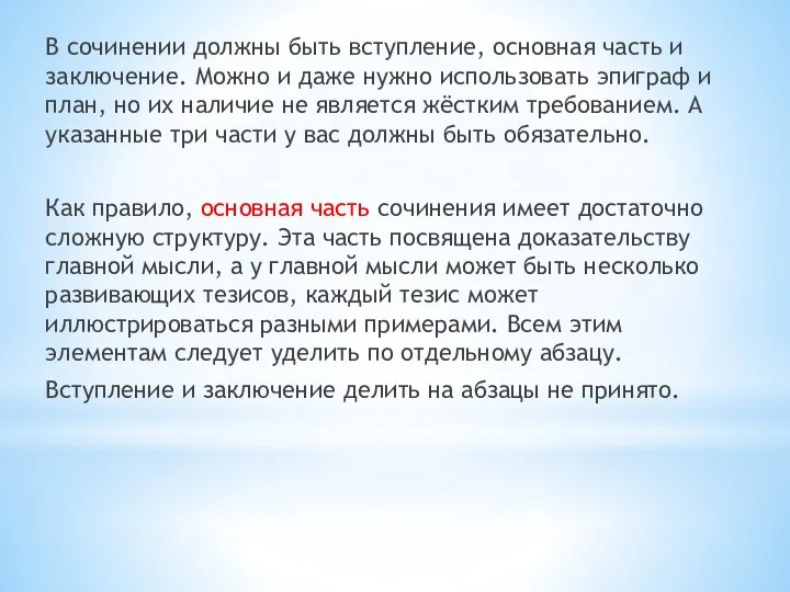 В сочинении должны быть вступление, основная часть и заключение. Можно и