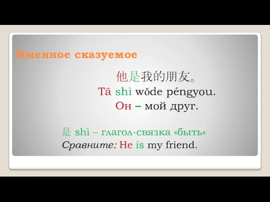 Именное сказуемое 他是我的朋友。 Tā shì wǒde péngyou. Он – мой друг.