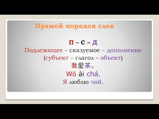 Прямой порядок слов П – С – Д Подлежащее – сказуемое