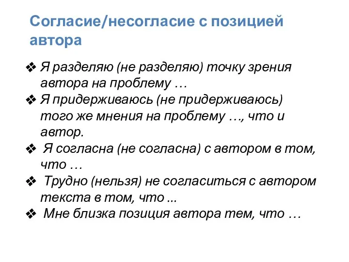 Согласие/несогласие с позицией автора Я разделяю (не разделяю) точку зрения автора