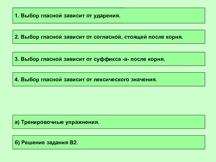 1. Выбор гласной зависит от ударения. 1. Выбор гласной зависит от