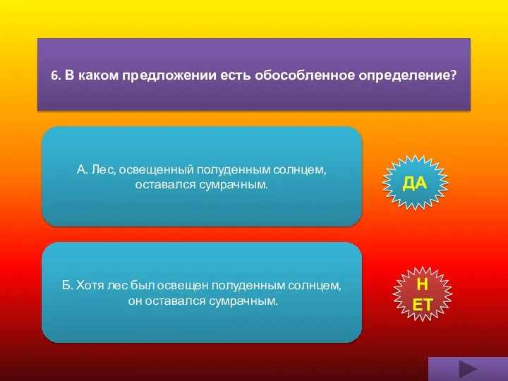 6. В каком предложении есть обособленное определение? А. Лес, освещенный полуденным