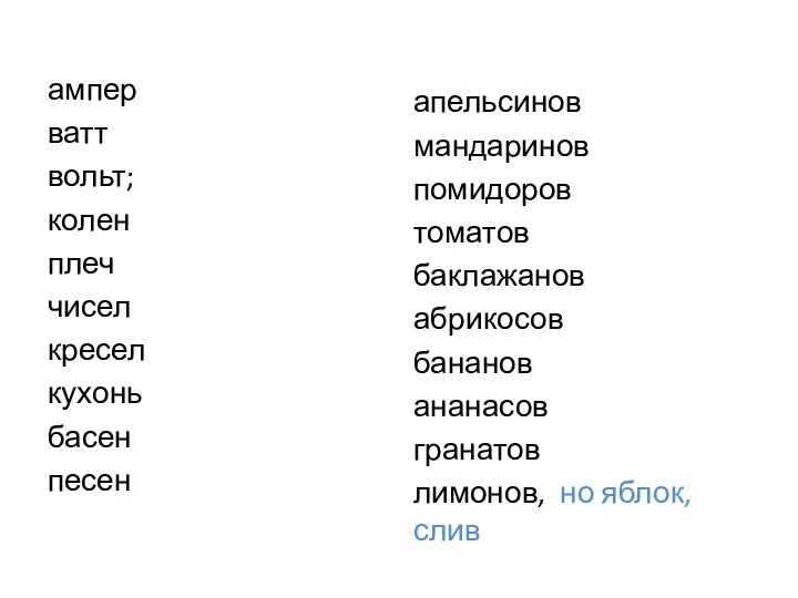 ампер ватт вольт; колен плеч чисел кресел кухонь басен песен апельсинов