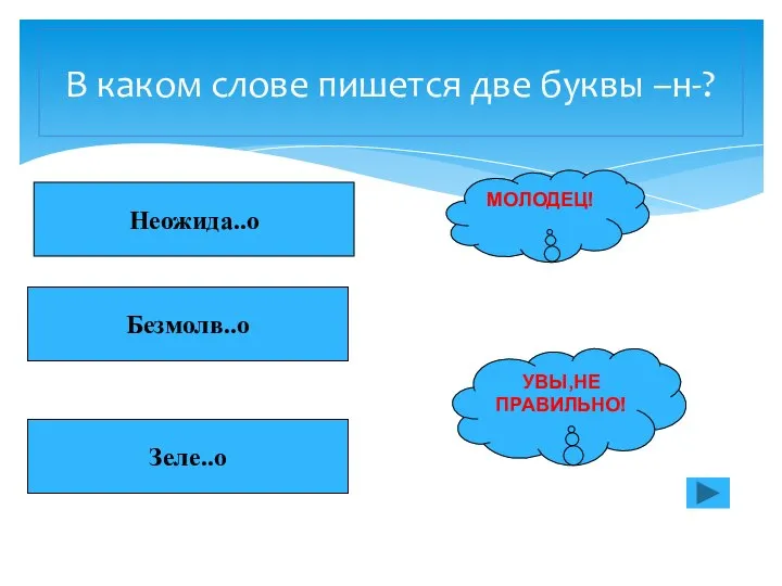 В каком слове пишется две буквы –н-? Неожида..о Безмолв..о Зеле..о МОЛОДЕЦ! УВЫ,НЕ ПРАВИЛЬНО!