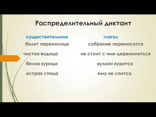 Распределительный диктант существительное глагол болит переносица собрание переносится чистая водица не