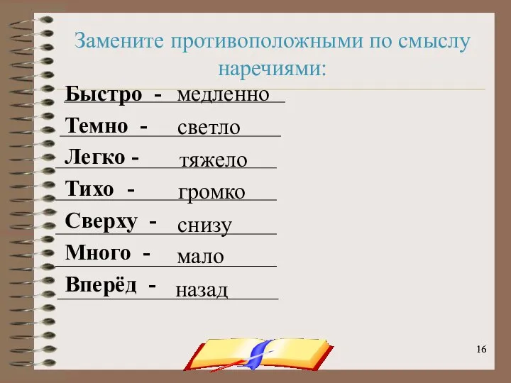 onachishich@mail.ru Замените противоположными по смыслу наречиями: Быстро - Темно - Легко