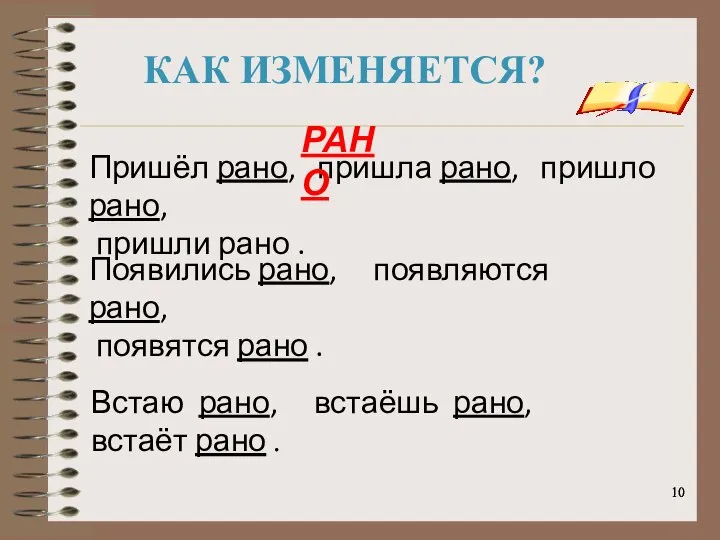 КАК ИЗМЕНЯЕТСЯ? Пришёл рано, пришла рано, пришло рано, пришли рано .