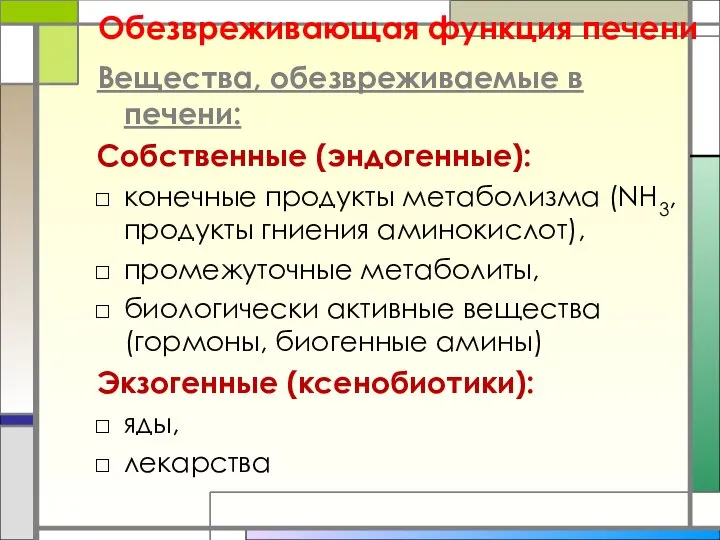 Обезвреживающая функция печени Вещества, обезвреживаемые в печени: Собственные (эндогенные): конечные продукты