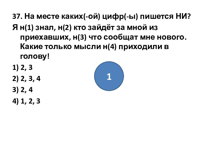 37. На месте каких(-ой) цифр(-ы) пишется НИ? Я н(1) знал, н(2)