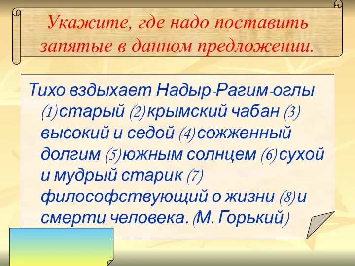 Укажите, где надо поставить запятые в данном предложении. Тихо вздыхает Надыр-Рагим-оглы