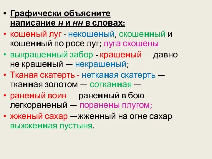 Графически объясните написание н и нн в словах: кошеный луг -