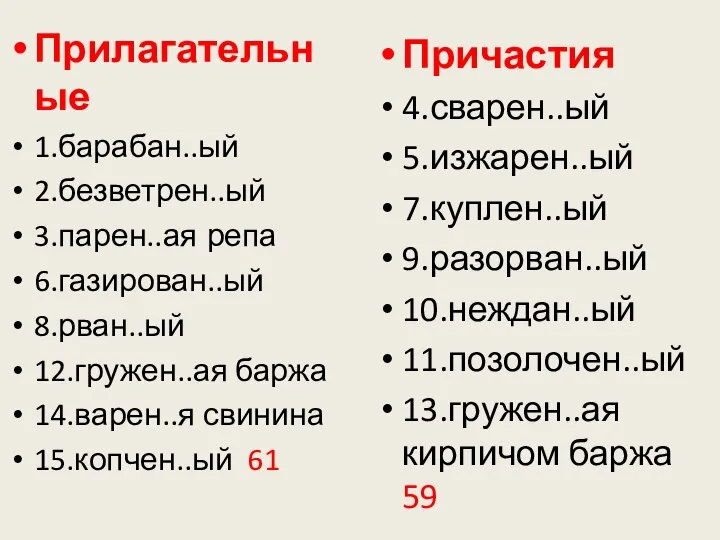 Прилагательные 1.барабан..ый 2.безветрен..ый 3.парен..ая репа 6.газирован..ый 8.рван..ый 12.гружен..ая баржа 14.варен..я свинина