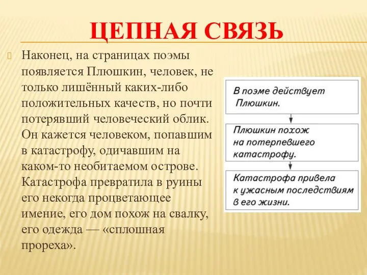 ЦЕПНАЯ СВЯЗЬ Наконец, на страницах поэмы появляется Плюшкин, человек, не только