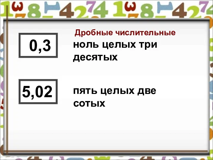 Дробные числительные 0,3 5,02 ноль целых три десятых пять целых две сотых