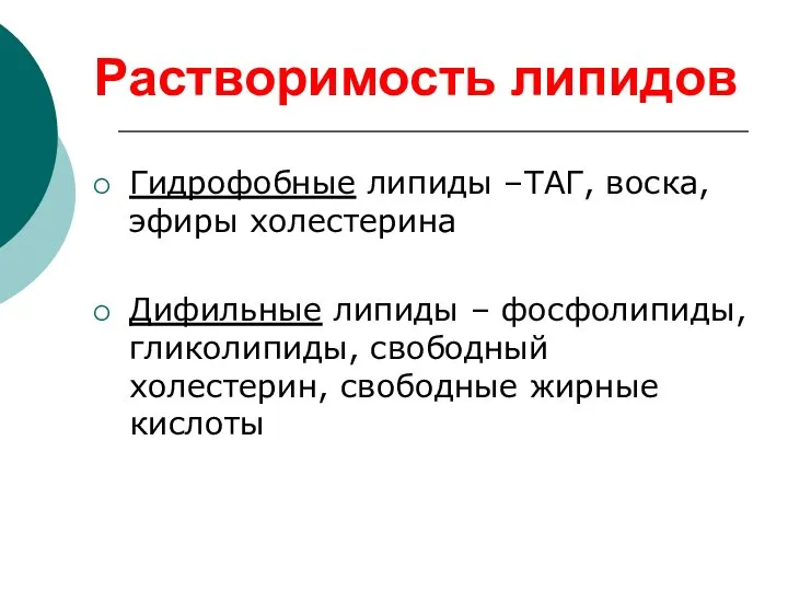 Растворимость липидов Гидрофобные липиды –ТАГ, воска, эфиры холестерина Дифильные липиды –