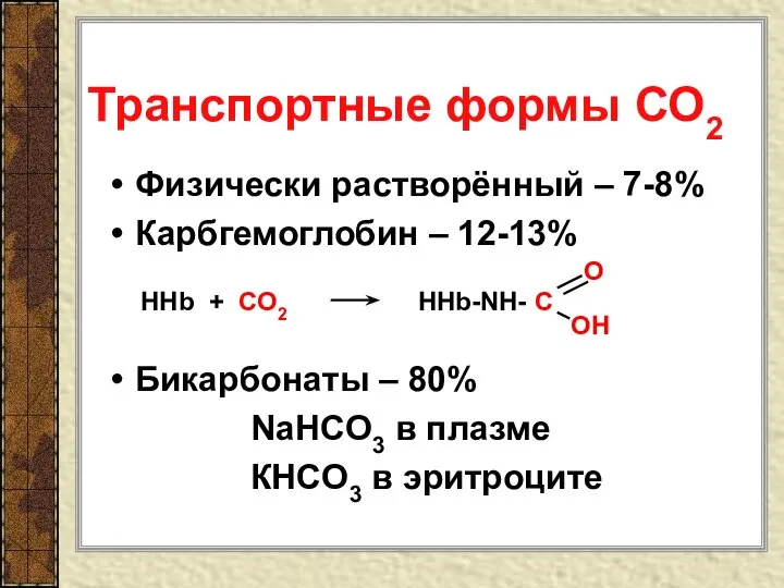 Физически растворённый – 7-8% Карбгемоглобин – 12-13% Бикарбонаты – 80% NaHCO3