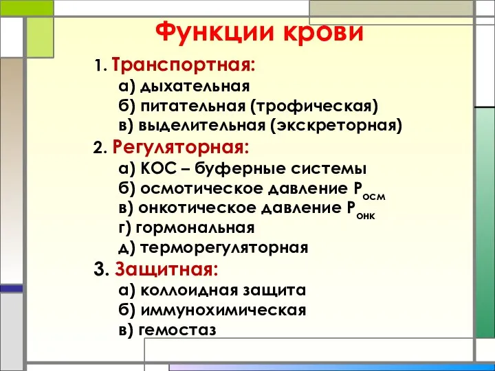 Функции крови 1. Транспортная: а) дыхательная б) питательная (трофическая) в) выделительная