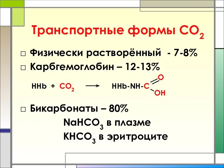 Физически растворённый - 7-8% Карбгемоглобин – 12-13% Бикарбонаты – 80% NaHCO3