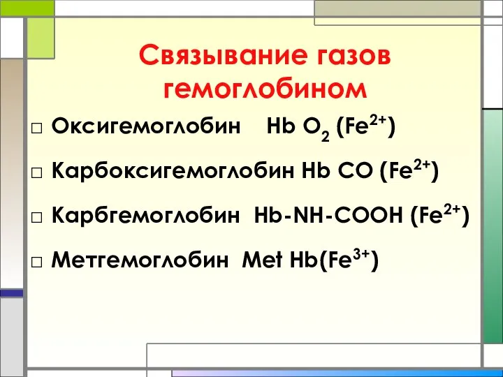 Связывание газов гемоглобином Оксигемоглобин Hb O2 (Fe2+) Карбоксигемоглобин Hb CO (Fe2+)