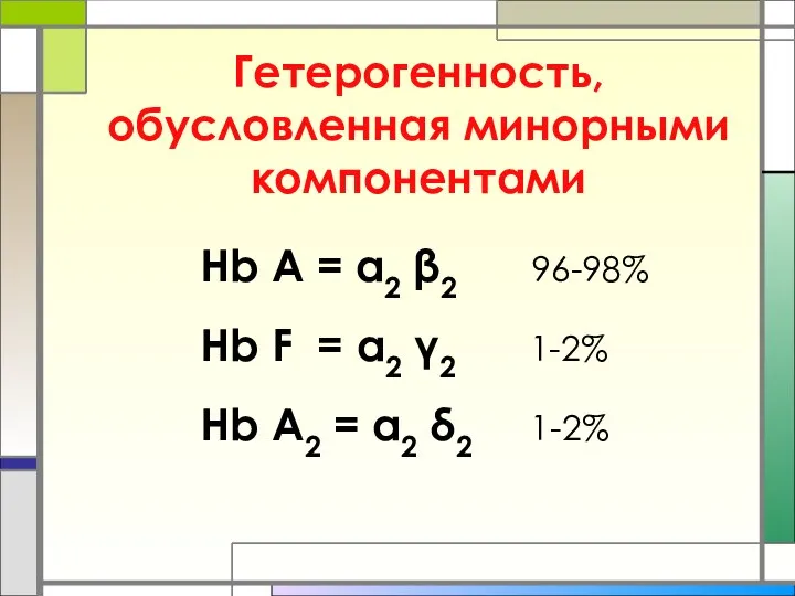 Гетерогенность, обусловленная минорными компонентами Hb A = α2 β2 96-98% Hb