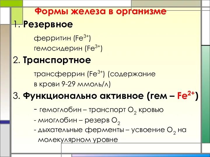 Формы железа в организме 1. Резервное ферритин (Fe3+) гемосидерин (Fe3+) 2.