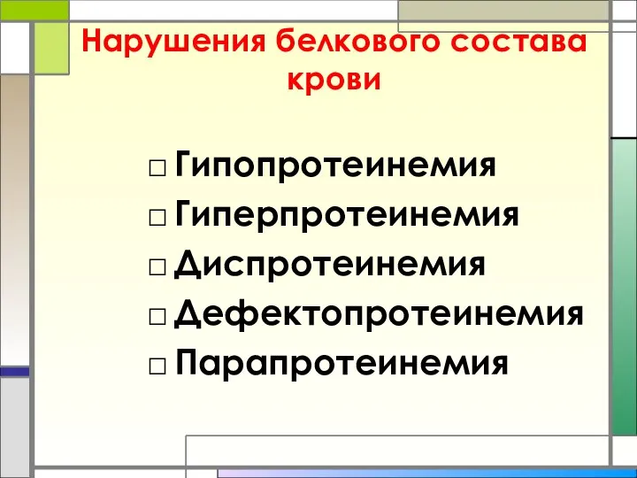 Нарушения белкового состава крови Гипопротеинемия Гиперпротеинемия Диспротеинемия Дефектопротеинемия Парапротеинемия