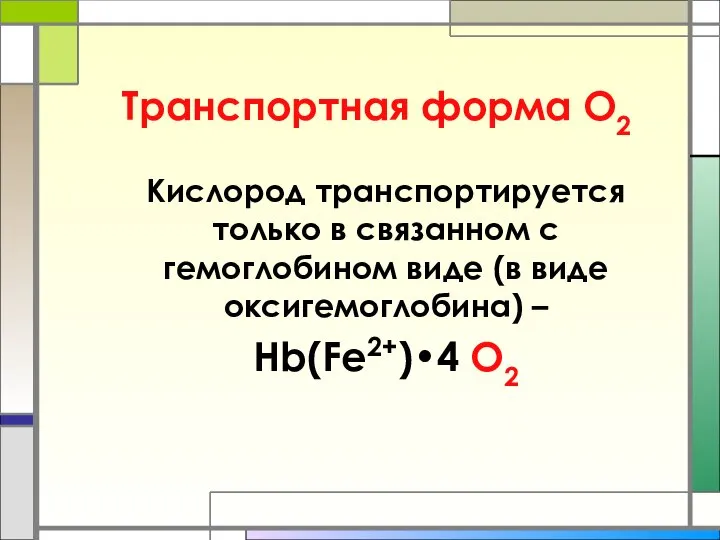 Транспортная форма О2 Кислород транспортируется только в связанном с гемоглобином виде