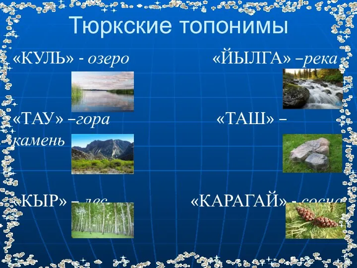 Тюркские топонимы «КУЛЬ» - озеро «ЙЫЛГА» –река «ТАУ» –гора «ТАШ» –