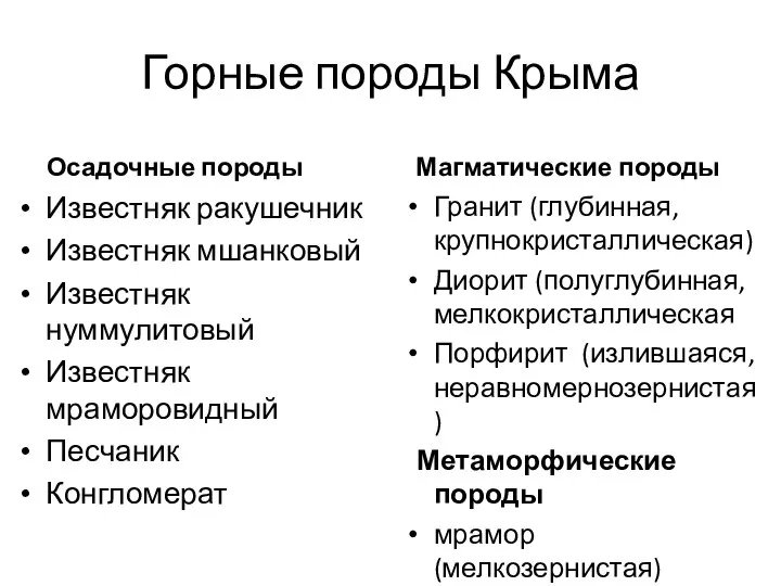 Горные породы Крыма Осадочные породы Известняк ракушечник Известняк мшанковый Известняк нуммулитовый