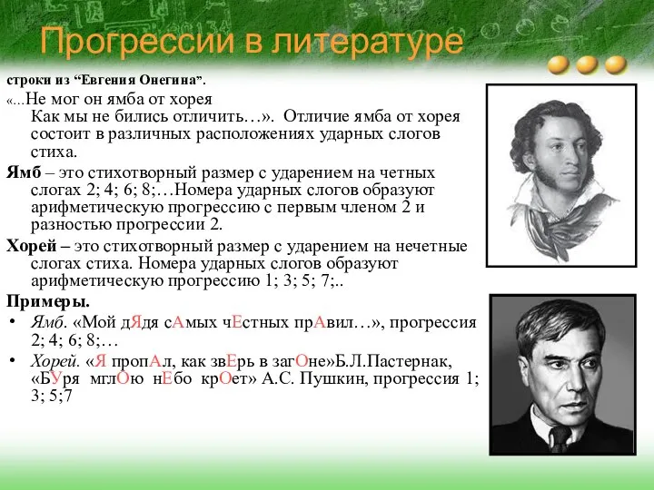 Прогрессии в литературе строки из “Евгения Онегина”. «…Не мог он ямба