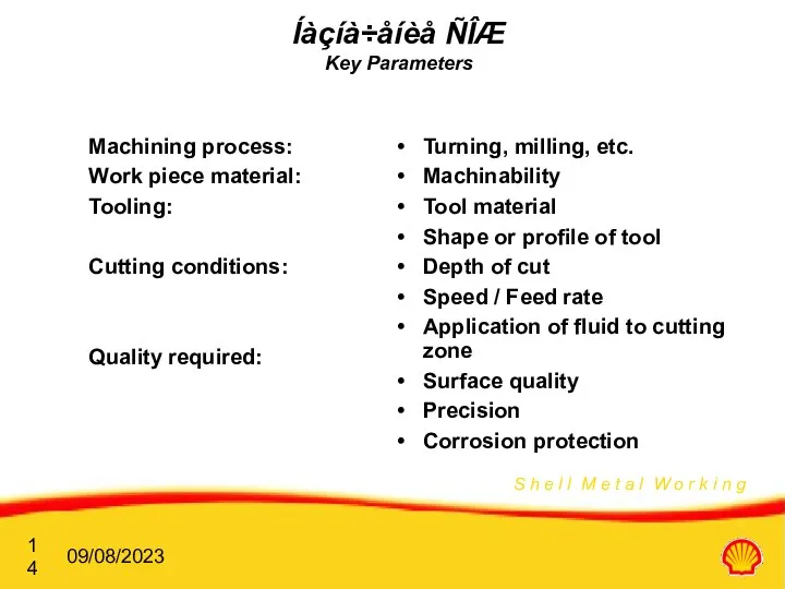 09/08/2023 Íàçíà÷åíèå ÑÎÆ Key Parameters Machining process: Work piece material: Tooling: