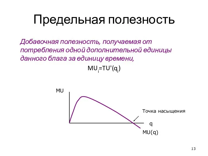 Предельная полезность Добавочная полезность, получаемая от потребления одной дополнительной единицы данного блага за единицу времени, MUi=TU'(qi)