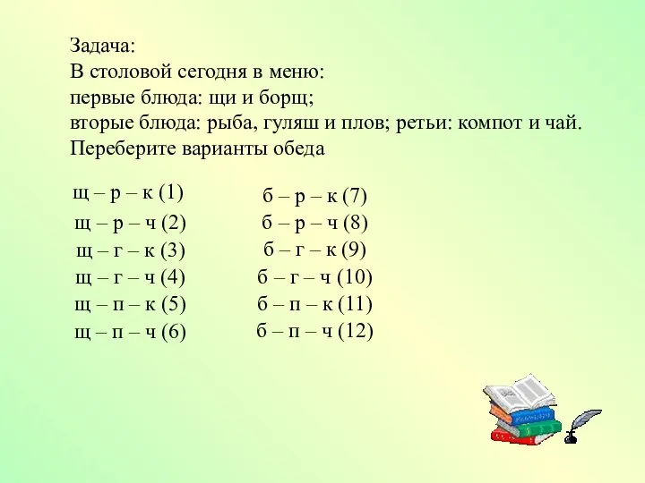 Задача: В столовой сегодня в меню: первые блюда: щи и борщ;