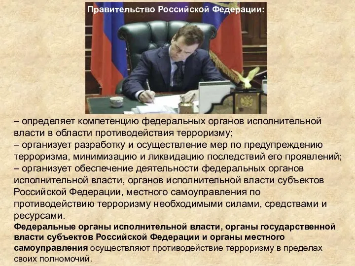 – определяет компетенцию федеральных органов исполнительной власти в области противодействия терроризму;