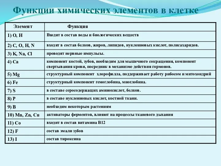 Функции химических элементов в клетке