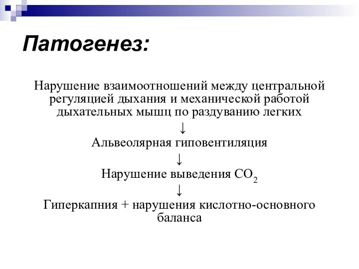 Патогенез: Нарушение взаимоотношений между центральной регуляцией дыхания и механической работой дыхательных