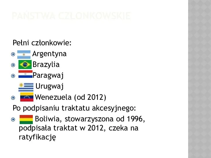 PAŃSTWA CZŁONKOWSKIE Pełni członkowie: Argentyna Brazylia Paragwaj Urugwaj Wenezuela (od 2012)