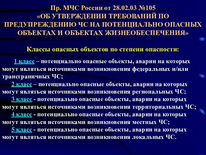 Пр. МЧС России от 28.02.03 №105 «ОБ УТВЕРЖДЕНИИ ТРЕБОВАНИЙ ПО ПРЕДУПРЕЖДЕНИЮ