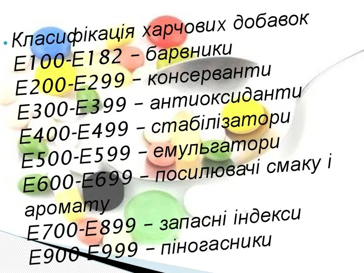 Класифікація харчових добавок Е100-Е182 – барвники Е200-Е299 – консерванти Е300-Е399 –