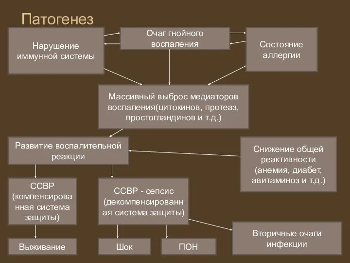 Патогенез Очаг гнойного воспаления Нарушение иммунной системы Состояние аллергии Массивный выброс