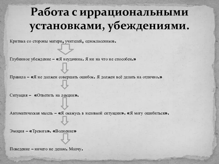 Работа с иррациональными установками, убеждениями. Критика со стороны матери, учителей, одноклассников.