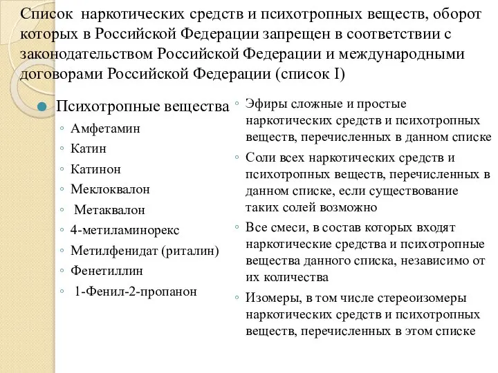 Список наркотических средств и психотропных веществ, оборот которых в Российской Федерации