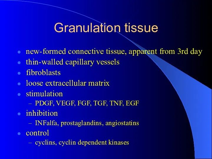 Granulation tissue new-formed connective tissue, apparent from 3rd day thin-walled capillary