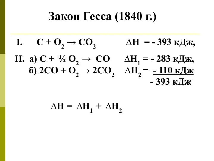 Закон Гесса (1840 г.) ΙΙ. а) С + ½ О2 →