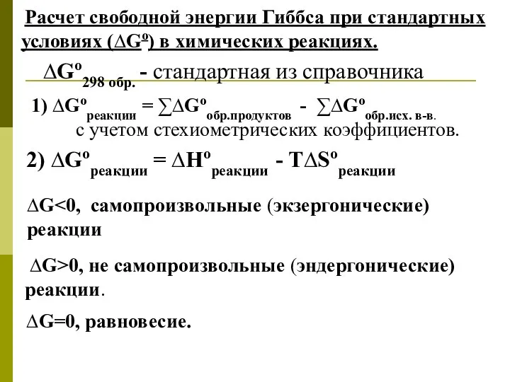 Расчет свободной энергии Гиббса при стандартных условиях (∆Gо) в химических реакциях.