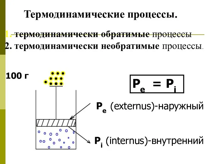 Pe (externus)-наружный Pi (internus)-внутренний Pe = Pi 100 г Термодинамические процессы.