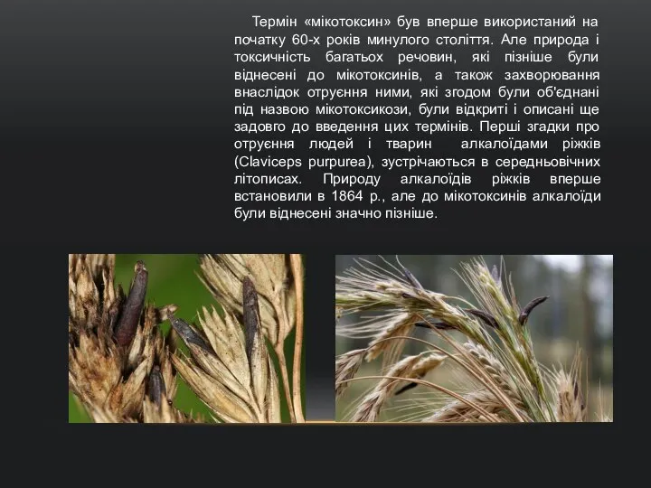 Термін «мікотоксин» був вперше використаний на початку 60-х років минулого століття.