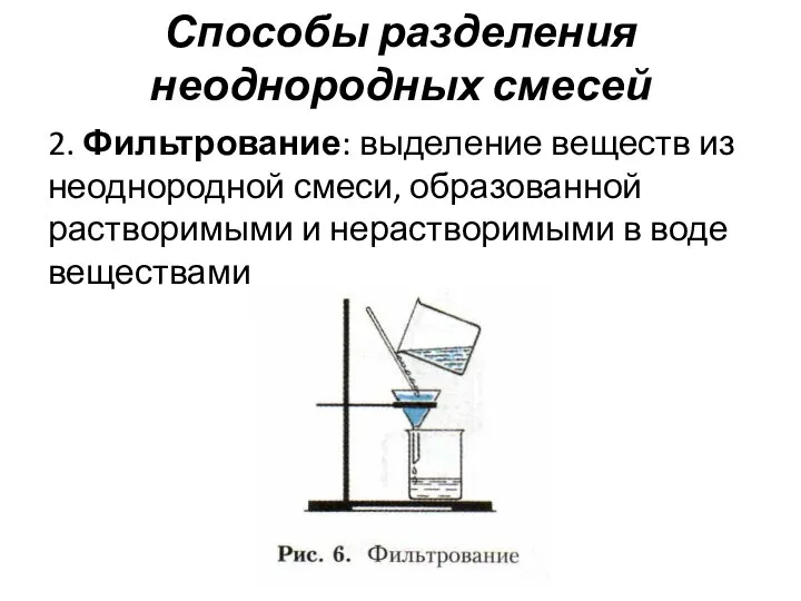 Способы разделения неоднородных смесей 2. Фильтрование: выделение веществ из неоднородной смеси,