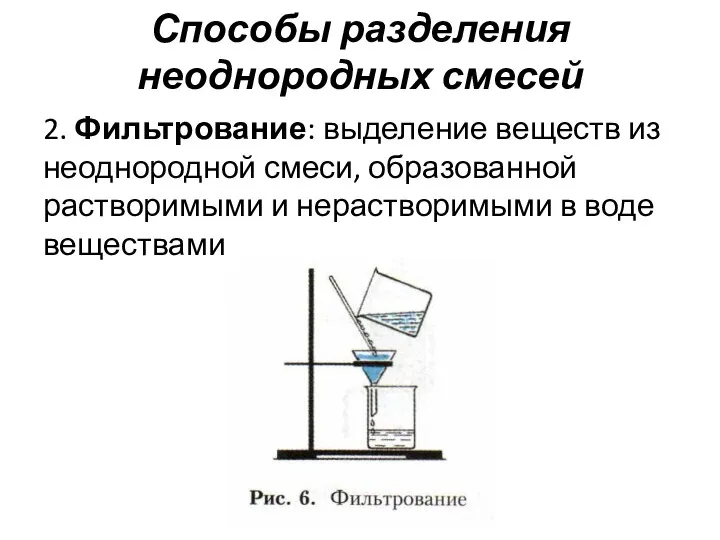 Способы разделения неоднородных смесей 2. Фильтрование: выделение веществ из неоднородной смеси,