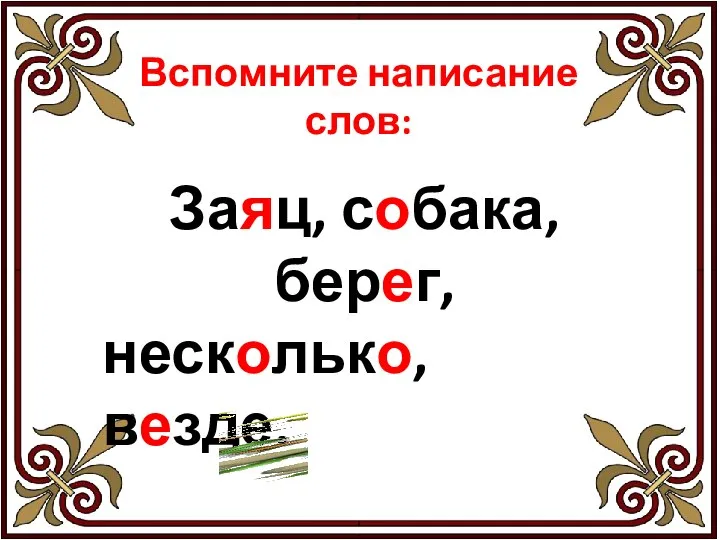 Вспомните написание слов: Заяц, собака, берег, несколько, везде.